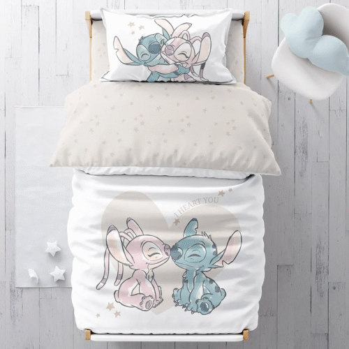 מצעים למיטת תינוק / מעבר | 100% כותנה | סטיץ ואנג׳ל מחובקים