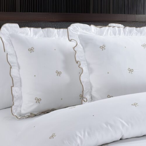 סט מצעים רקום דגם עדי לבן זהב 3128 | 100% כותנה בעיבוד סאטן צפיפות 300