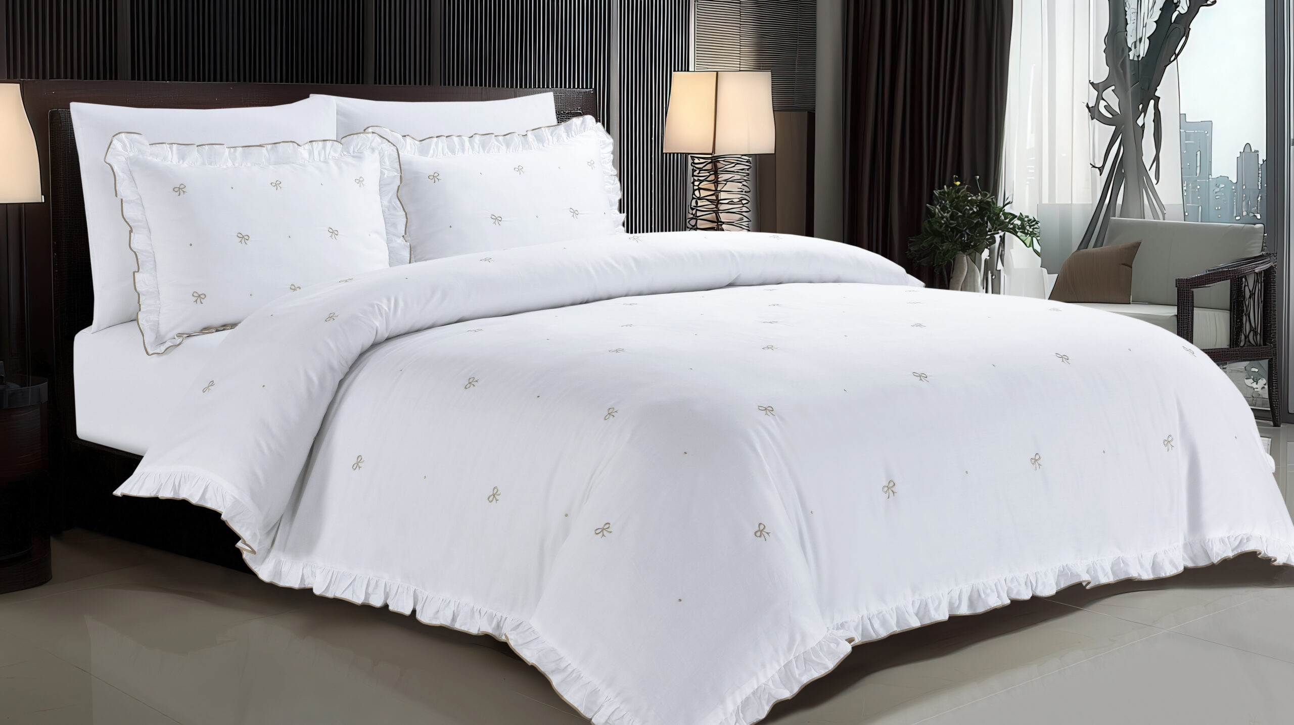 סט מצעים רקום דגם עדי לבן זהב 3128 | 100% כותנה בעיבוד סאטן צפיפות 300 – תמונה 2